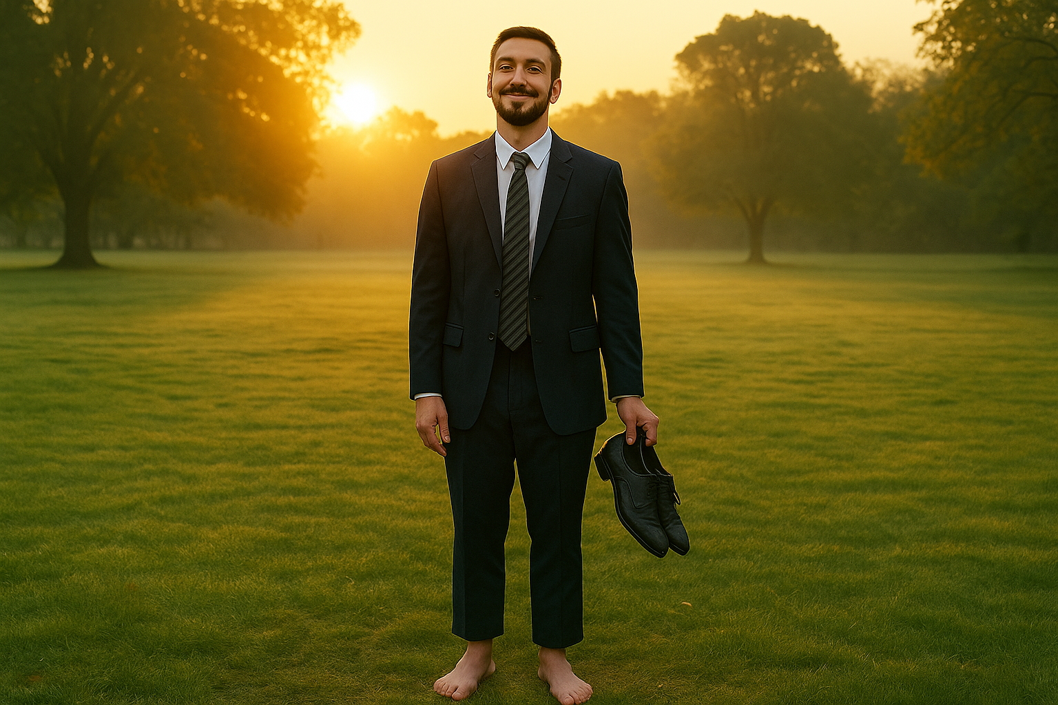 Person doing morning grounding routine, perhaps standing barefoot on grass with arms outstretched