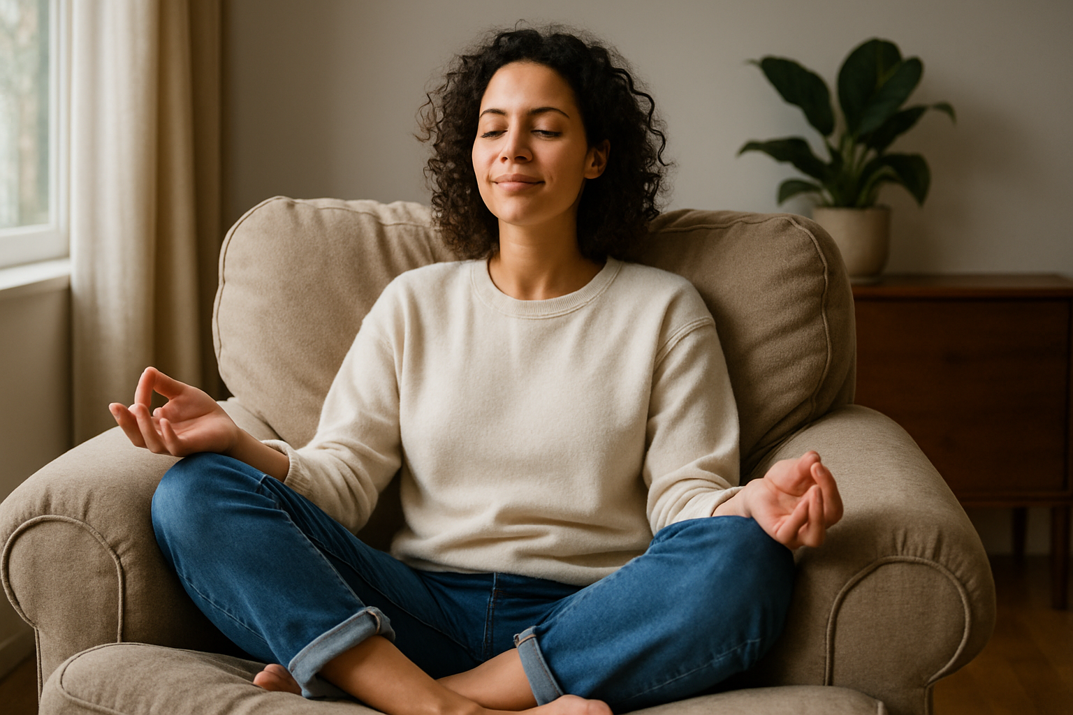 Person meditating with gentle light representing positive energy and vibrations