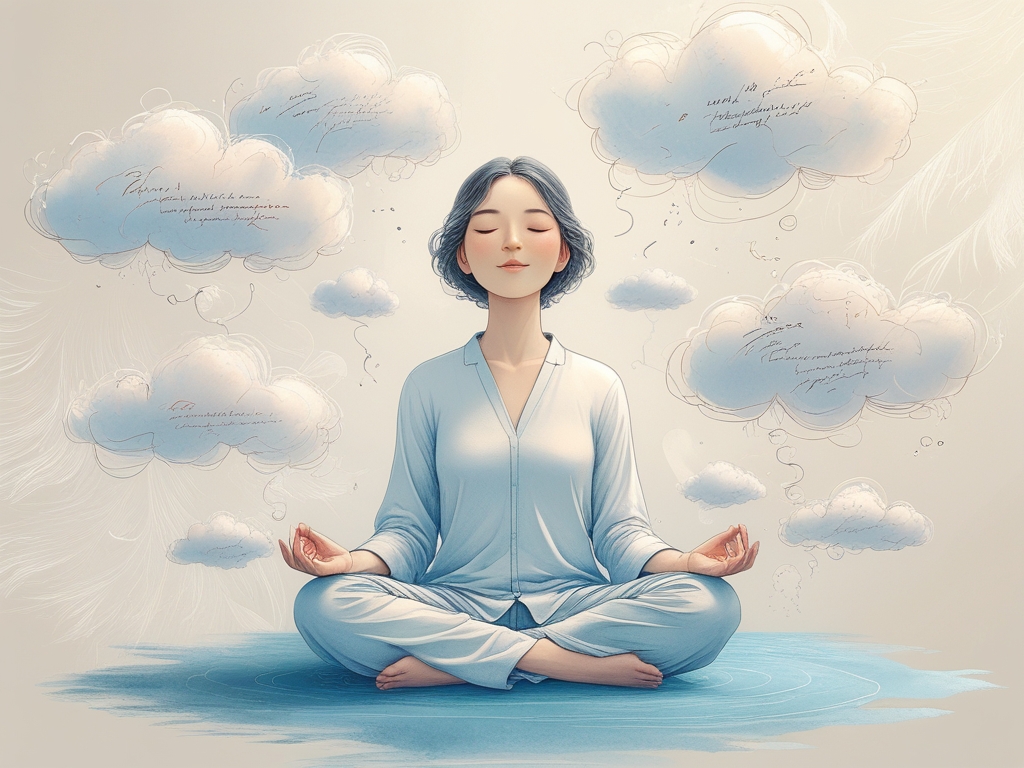 Person sitting peacefully while thought bubbles float around like clouds, representing the normal busy mind during meditation