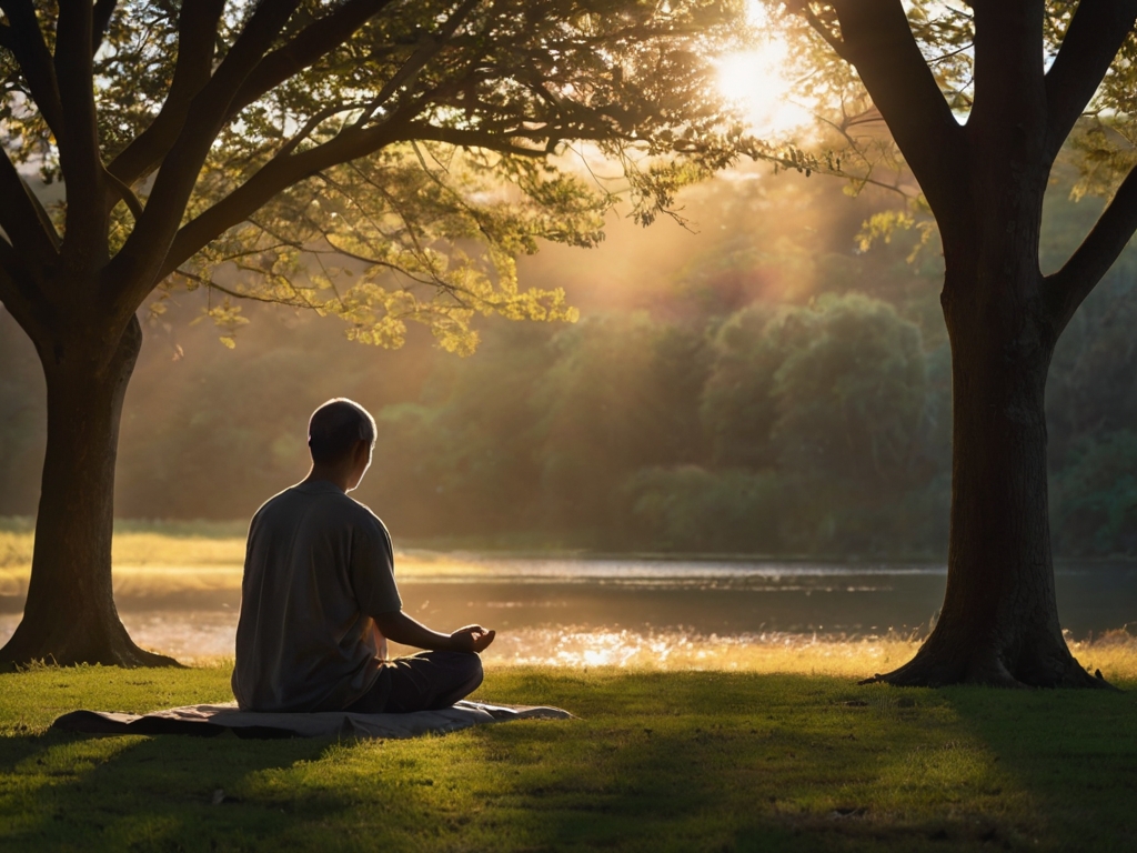 Person sitting peacefully in the early morning light, creating a simple meditation space before the day begins