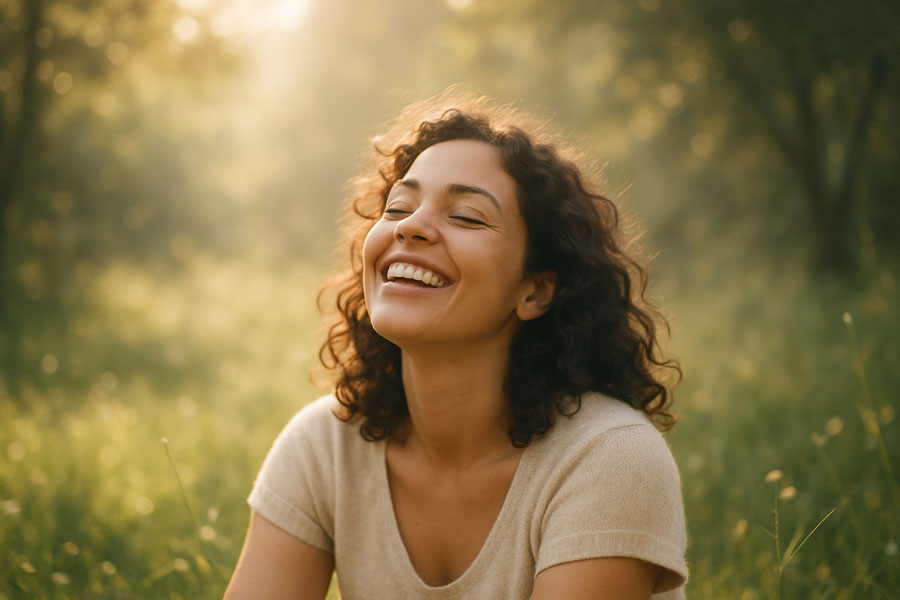 Person joyfully daydreaming in nature, surrounded by soft light and peaceful energy