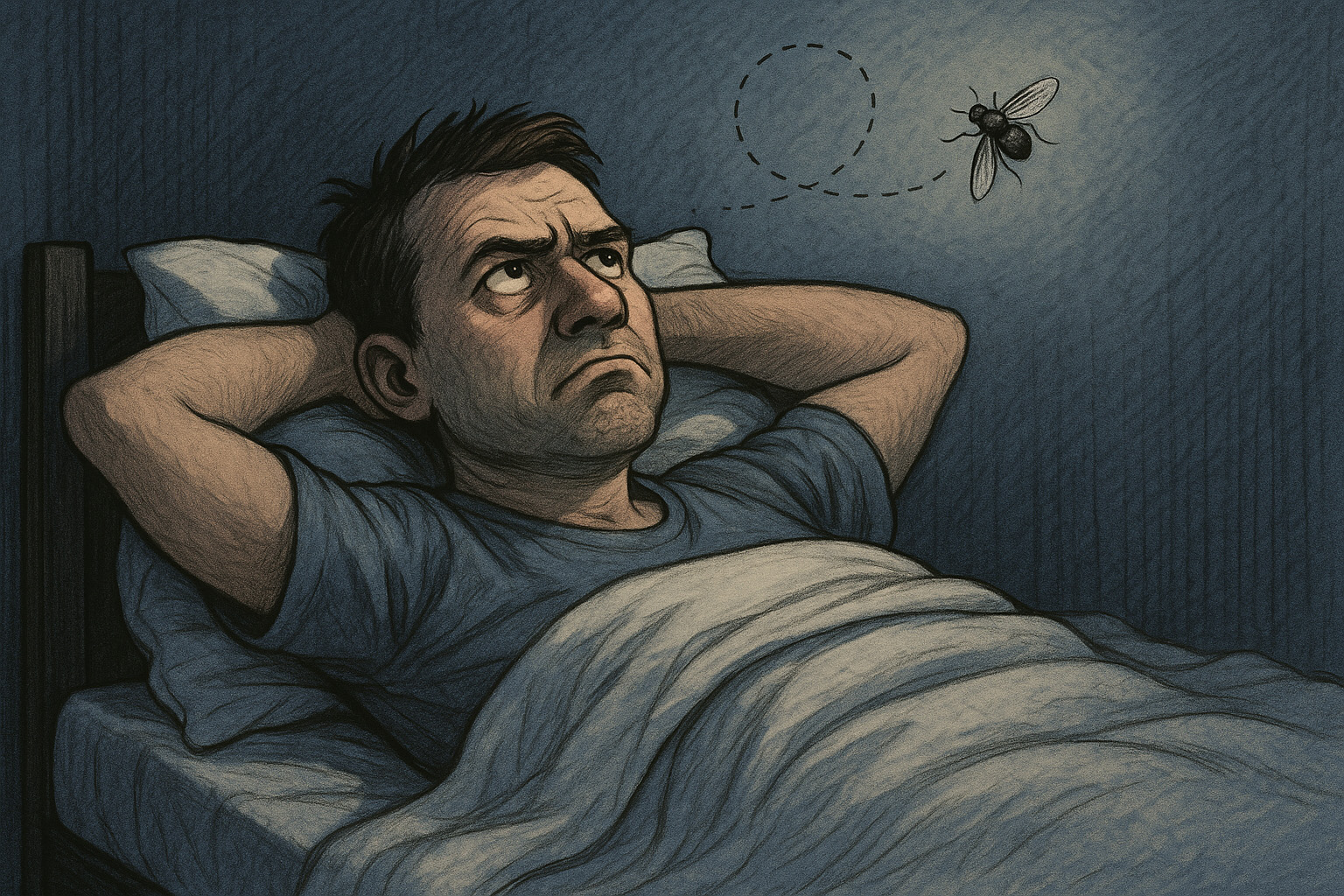 Person lying in bed looking frustrated with a fly buzzing around, tarot cards on bedside table